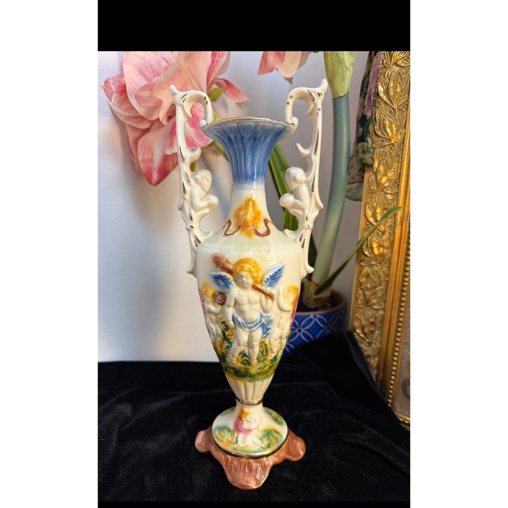 Vintage Norleans Italy Hand-Painted Cherub Urn / Vase